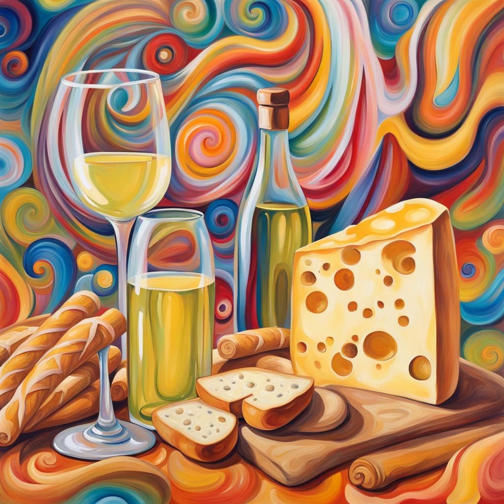 Abstract art of Cheese and baguettes with glass of white wine - AI ...