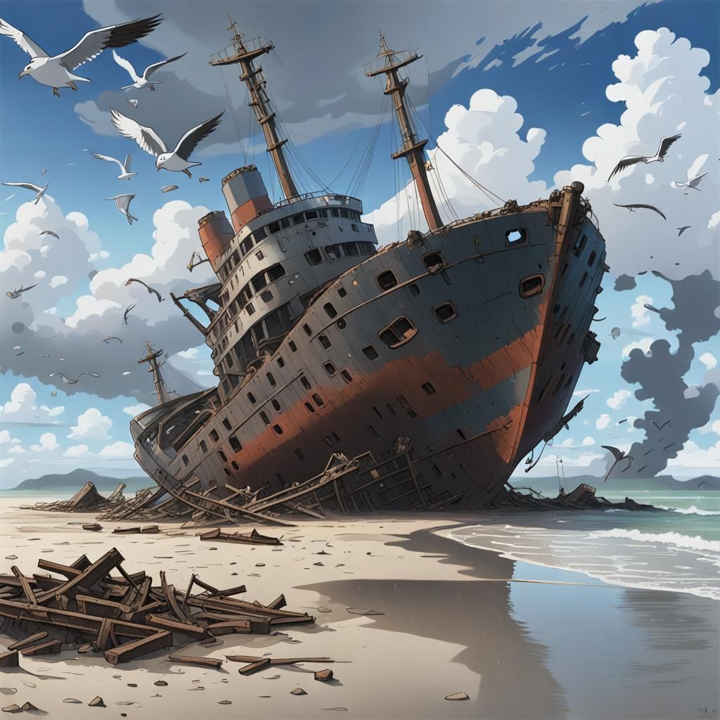 The wreckage of a ship lies on the beach  by @Geofranz-Italy