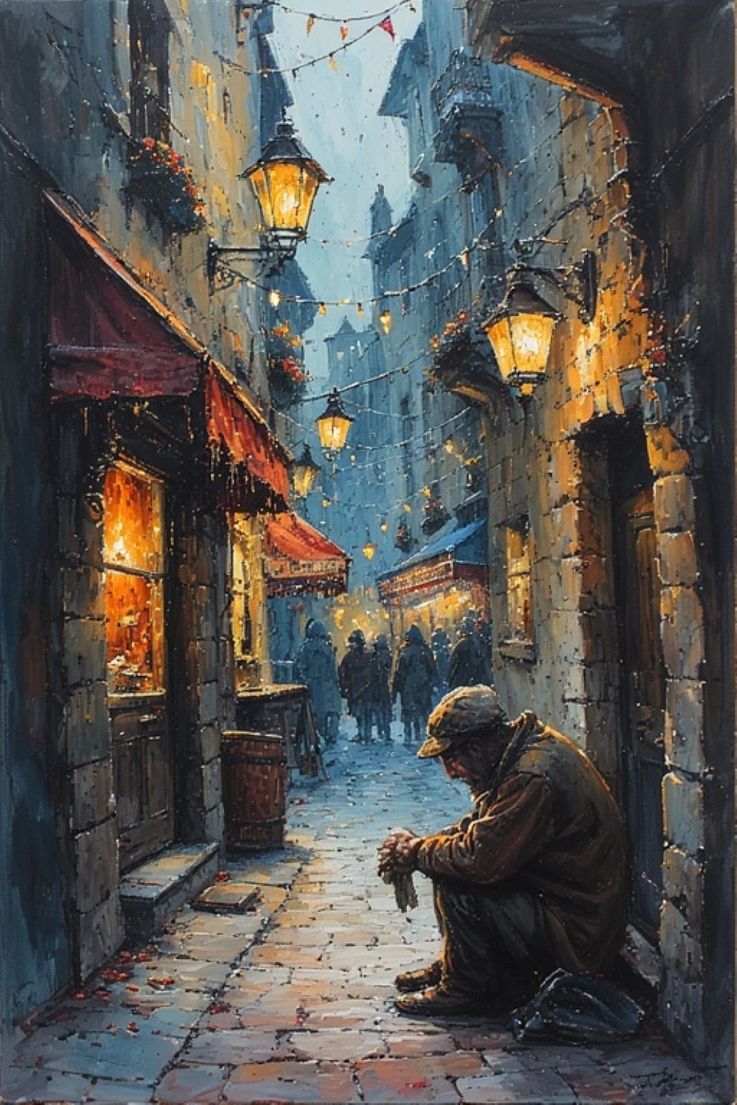 A lone beggar huddled in a dark