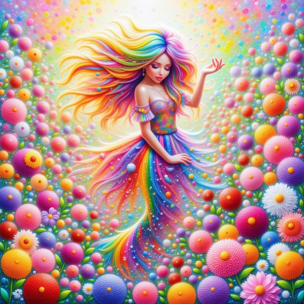 <lora:kak-colorful Impasto:1.0> A gorgeous colorful mermaid with colorful hair, and colorful clothing playing in a colorful field made entir...
