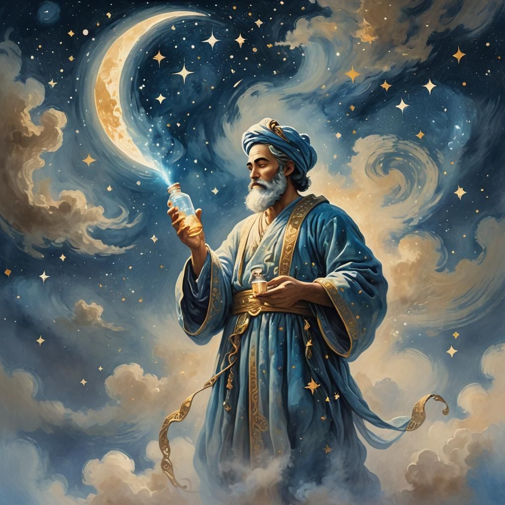 Genie with Baby Bottle in Starry Night