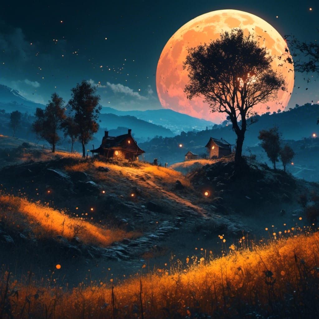Gorgeous mountainscape under a harvest moon <lora:MoonGlow:1.0>