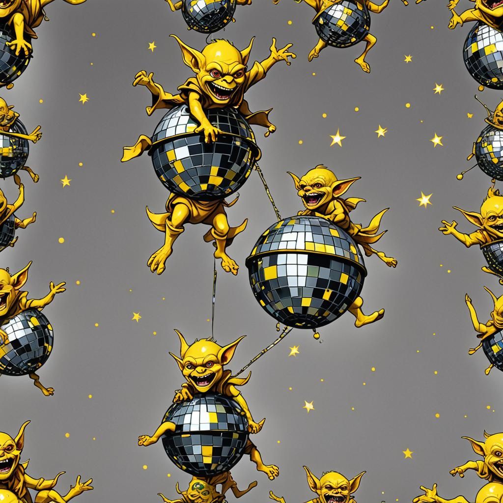 Yellow goblins riding a flying disco ball