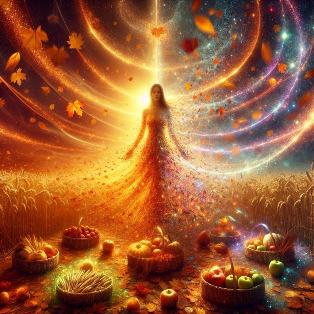 Surreal Autumn Woman Between Day and Night Sky