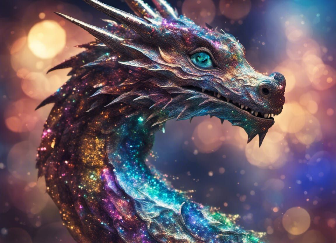 glitter dragon, bokeh, sparkle, shimmer, holographic, opal