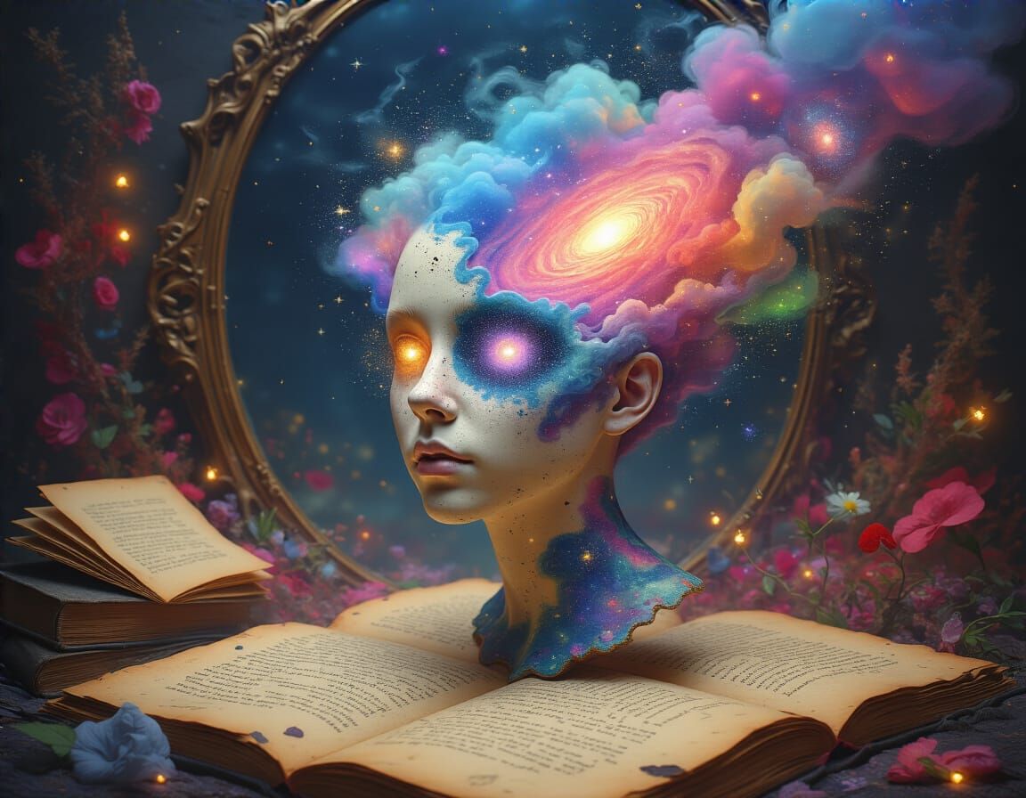 Surreal Self-Portrait with Mirror Head and Galaxy Eyes