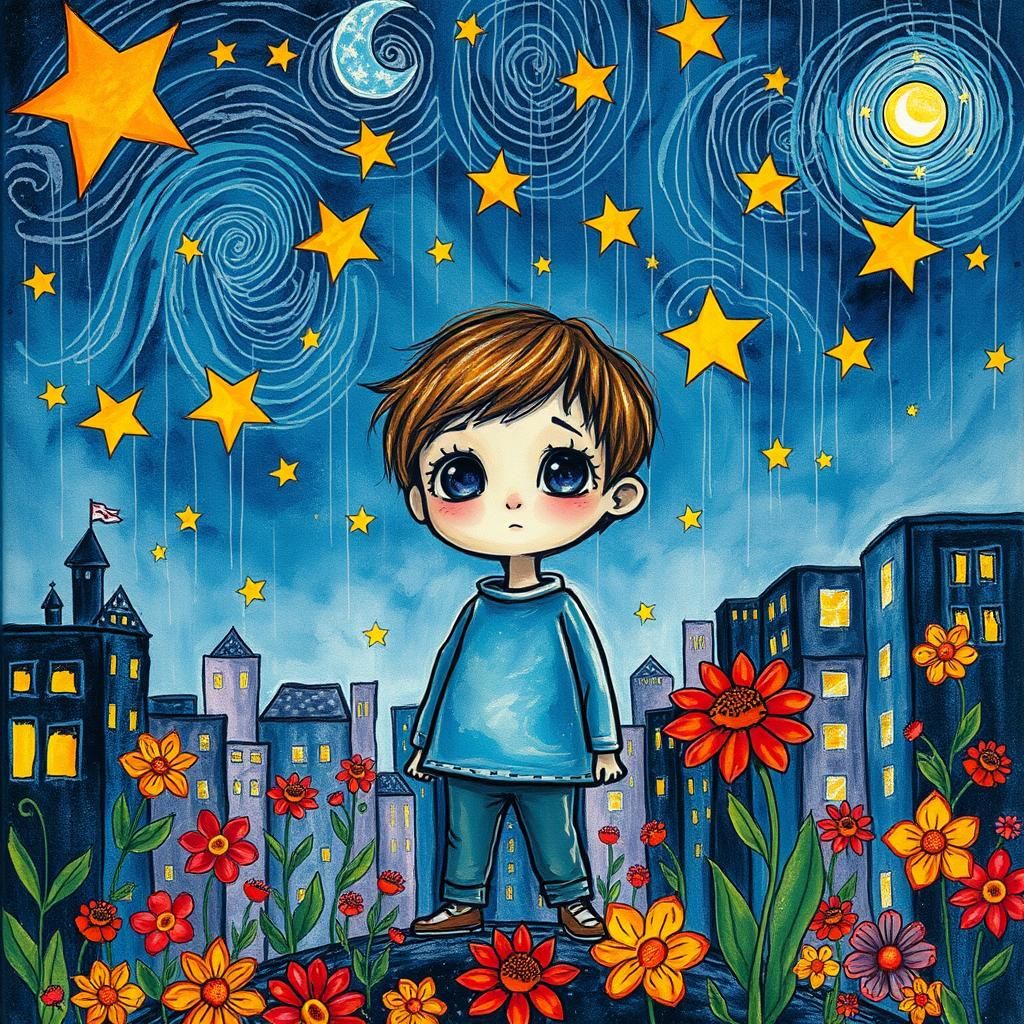 Doodle drawn world, naive child-like drawing , Crayon drawn style,  cosmic  lemonade city of glasses, star gazing child, Dark emotions, It i...