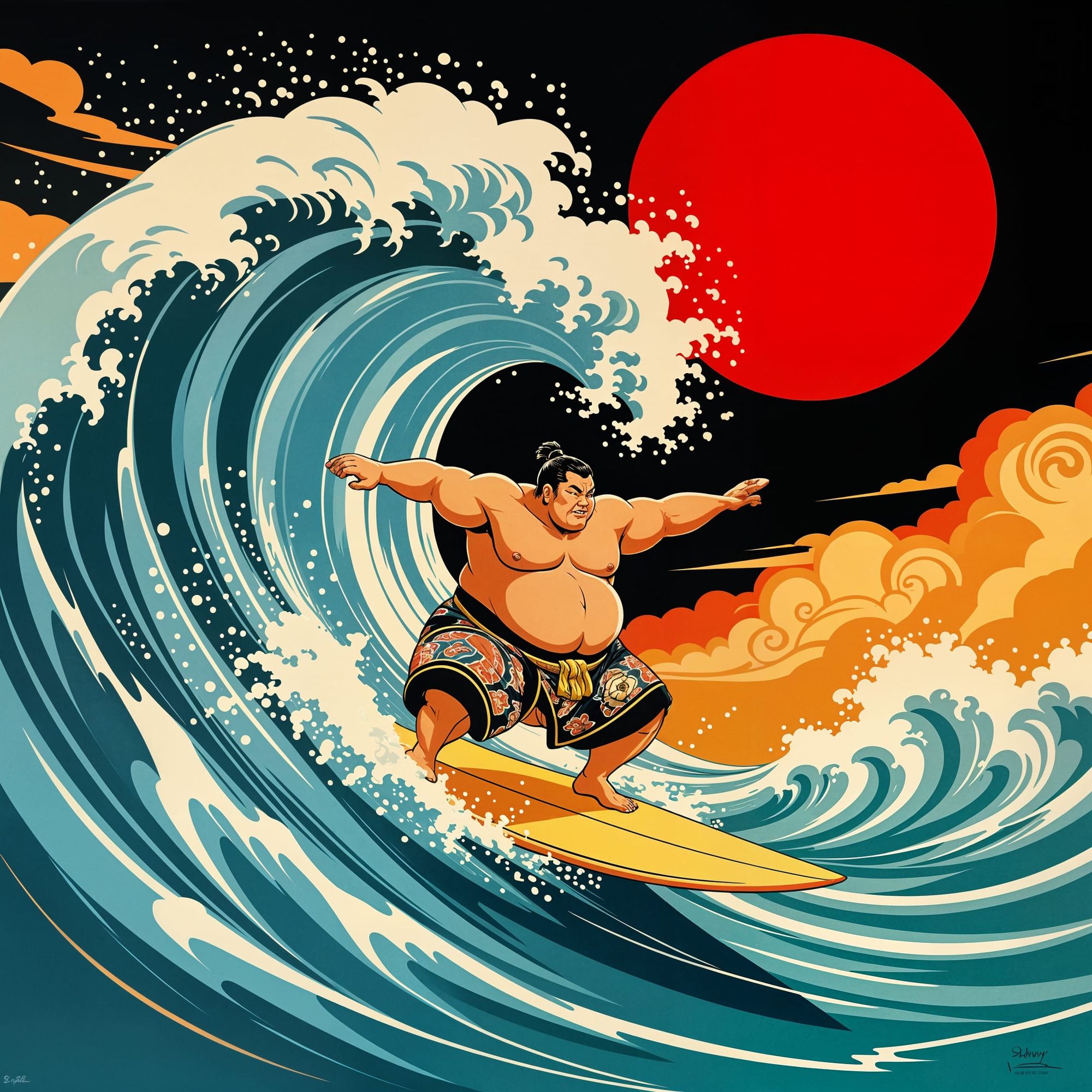 art deco style sumo wrestler surfer riding a wave with a red sun backdrop