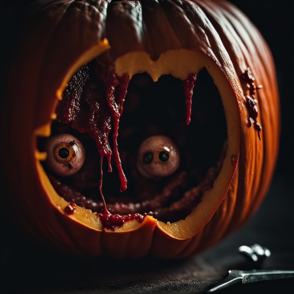 knife in bloody pumpkin with eyes