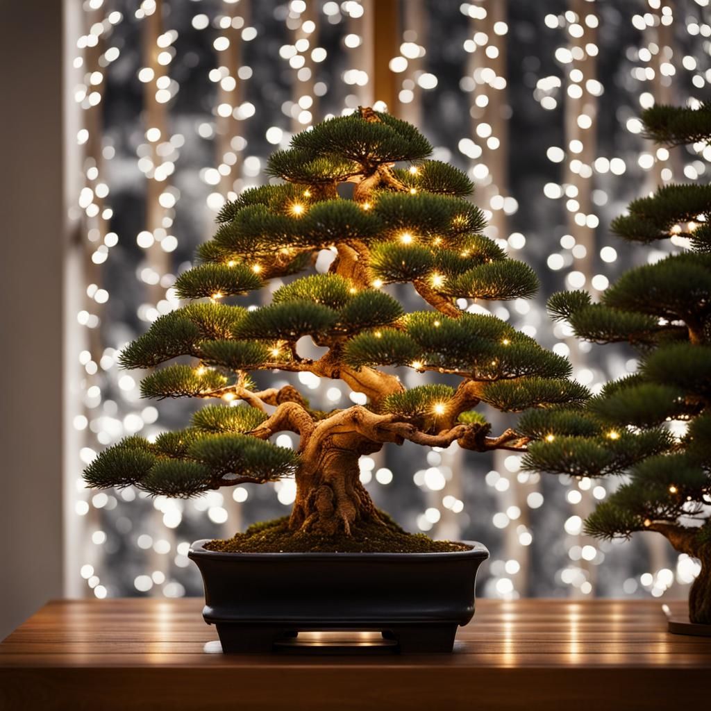 Bonsai Christmas tree with glittering lights in a Japanese garden AI