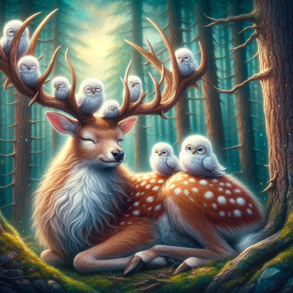 stag and baby owls.