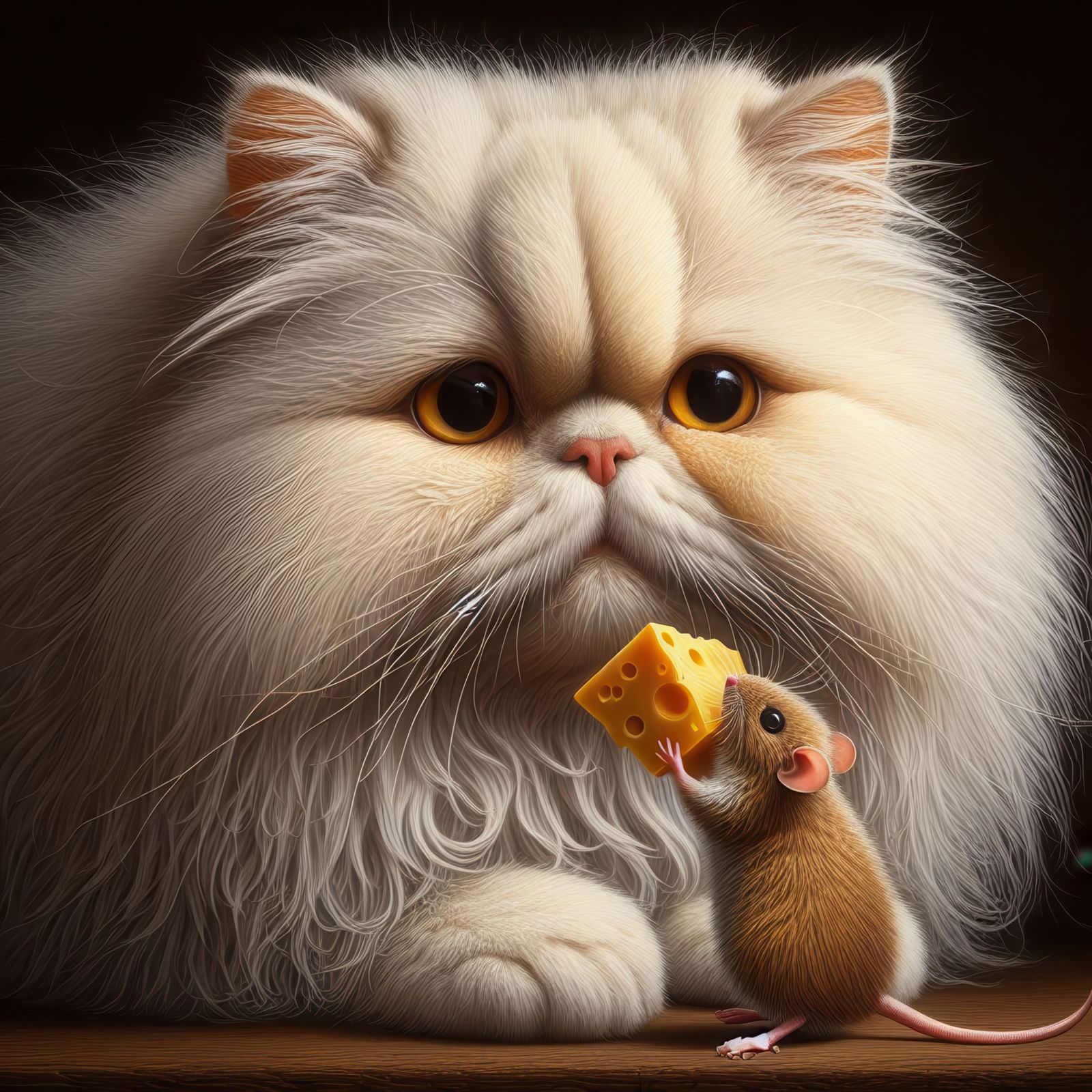 Mouse sharing cheese - painting in the style of Andrew Hutch...