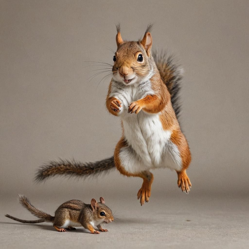 a realistic squirrel is jumping on a mouse