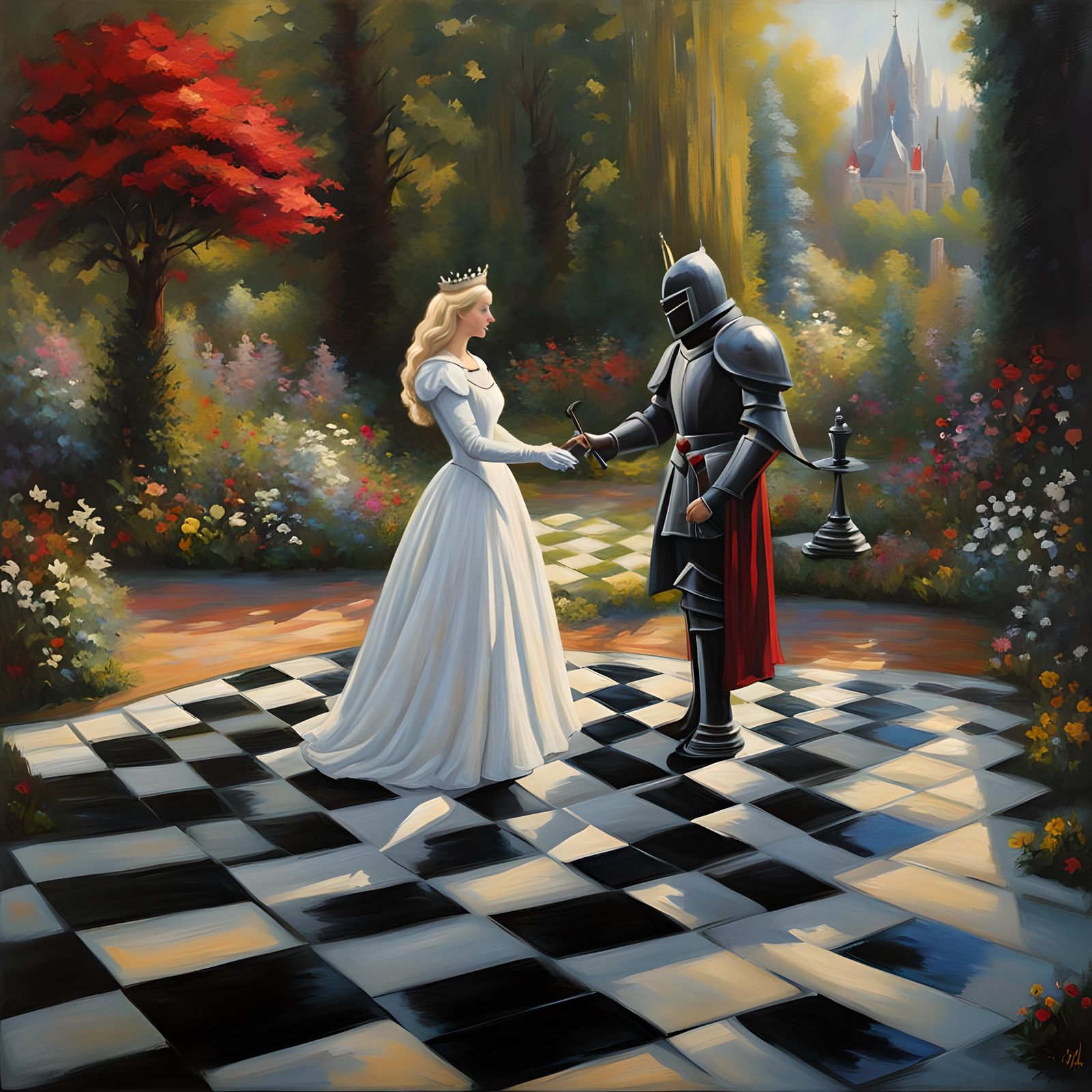 black knight intercepts white queen in a sacred garden  by @Thyrsus
