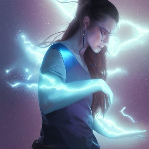 She has long dark purple hair pulled back into a ponytail, h...