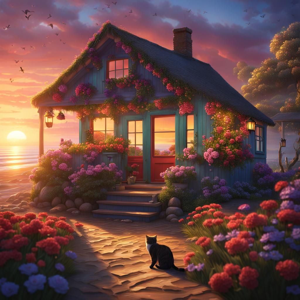 sunset over a beach cottage with colourful flowers and a cat...