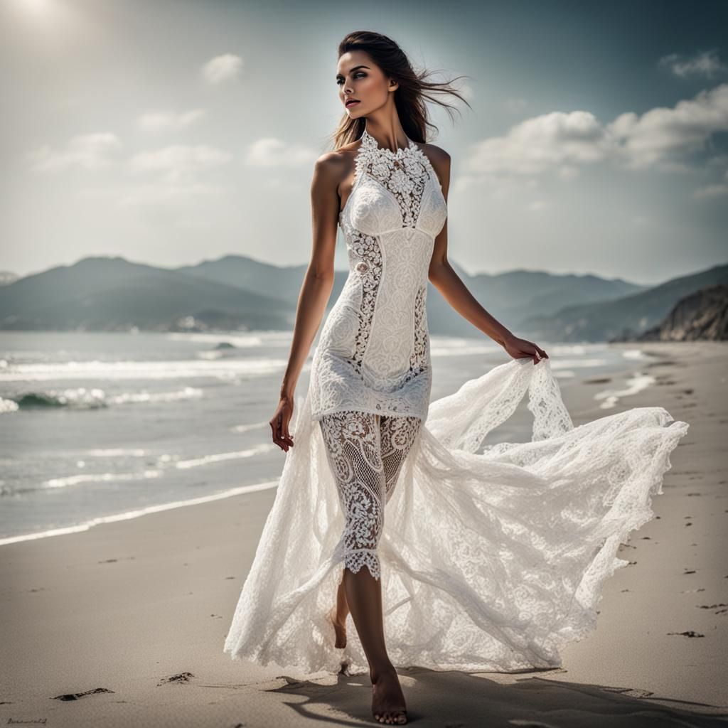 a  beautifull lady 
in a white only lace dress over a bikini...