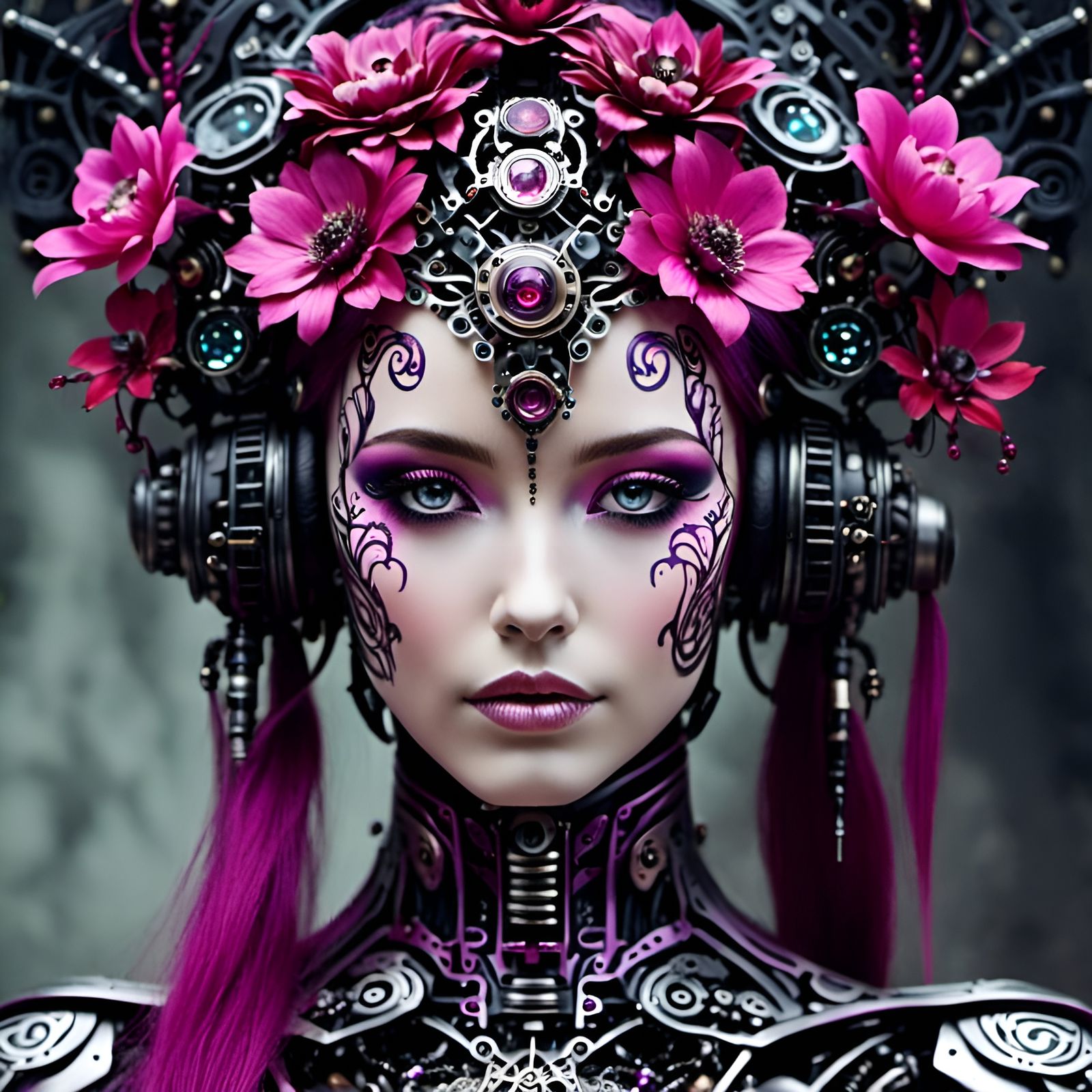  <lora:Crimson:1.0>A beautiful cyberpunk humanoid :: flower crown ::  digital magenta tattoos :: tropicalpunk