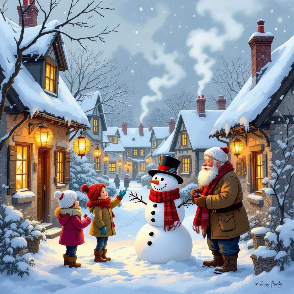 Charming Village Snowfall Scene with Paper Lanterns