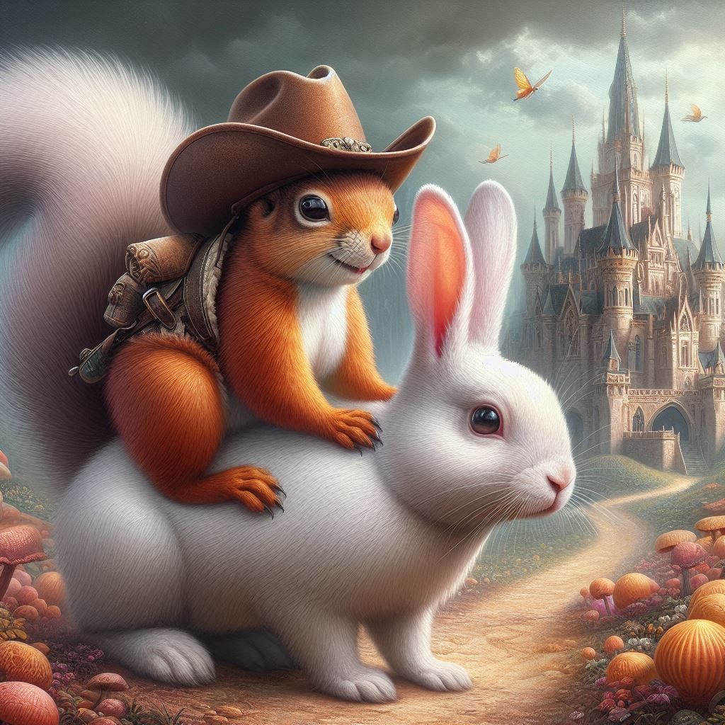 Mischievous squirrel with a cowboy hat on riding the back of a white rabbit