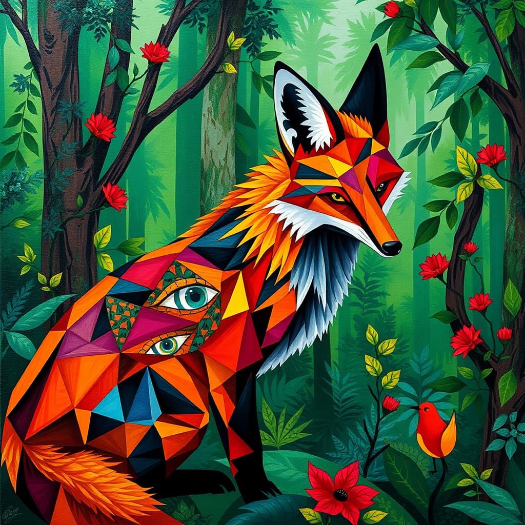 A fox in a lush green forest collage art