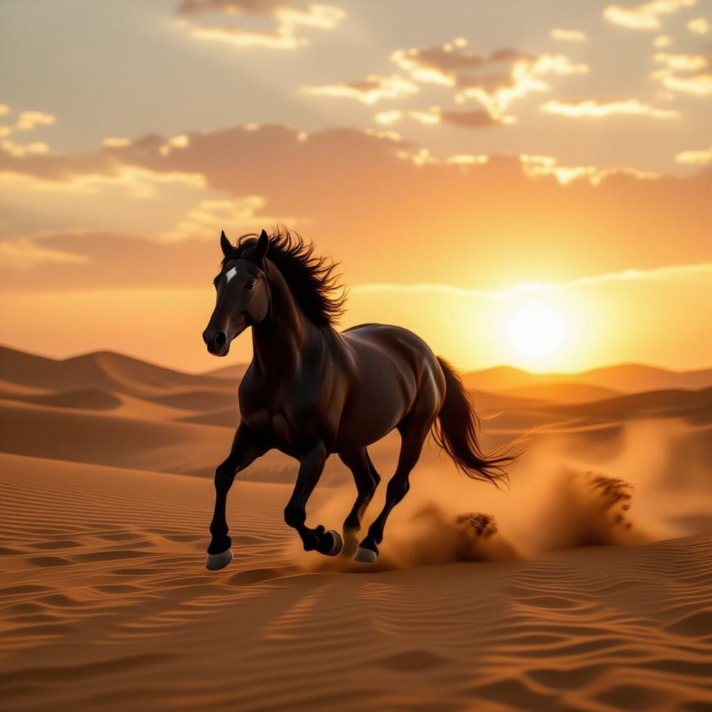 Powerful Black Horse Gallops Through Desert Sunset