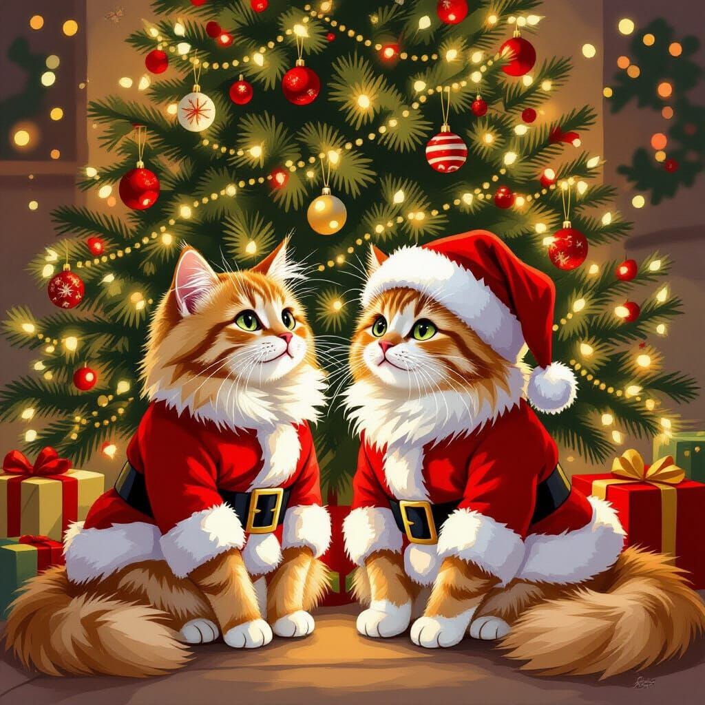 Fluffy Ginger Cat in Santa Suit by Christmas Tree