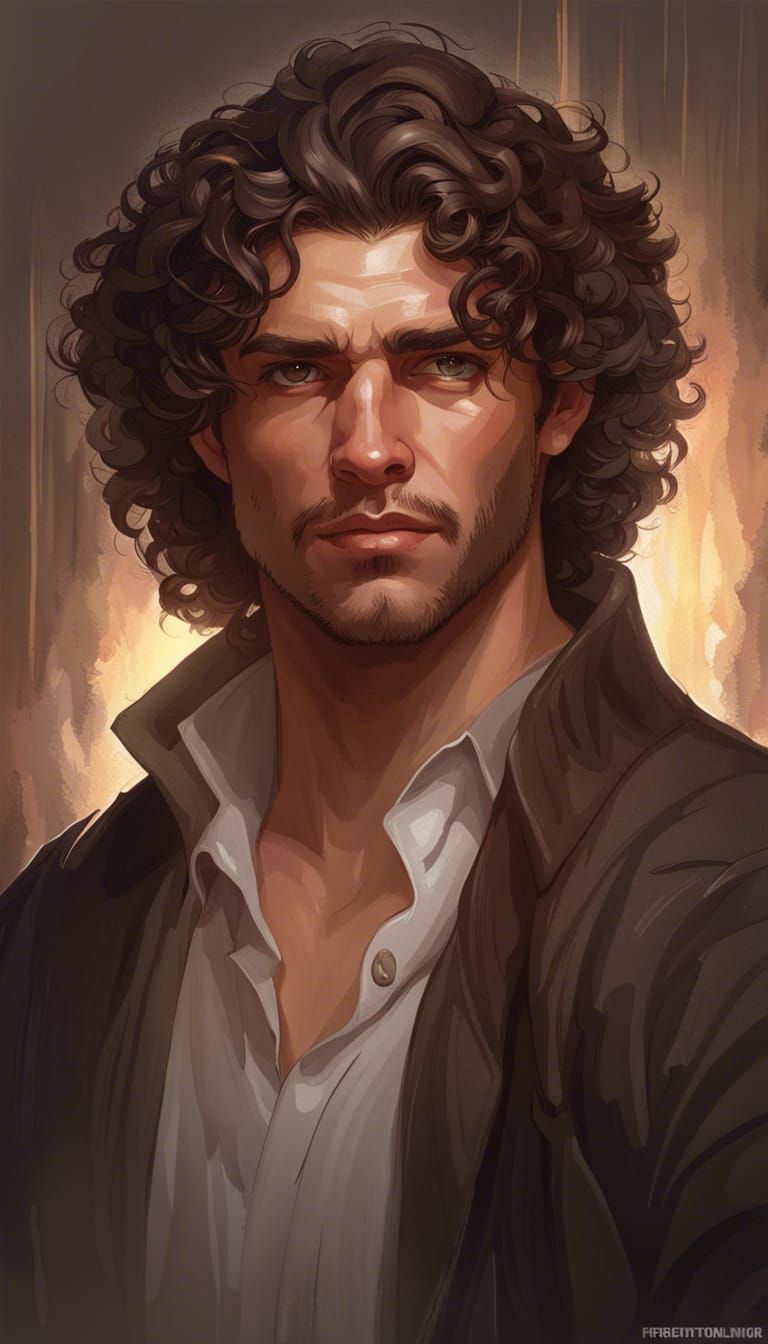 Handsome Man with curly dark brown hair and hazel eyes head and