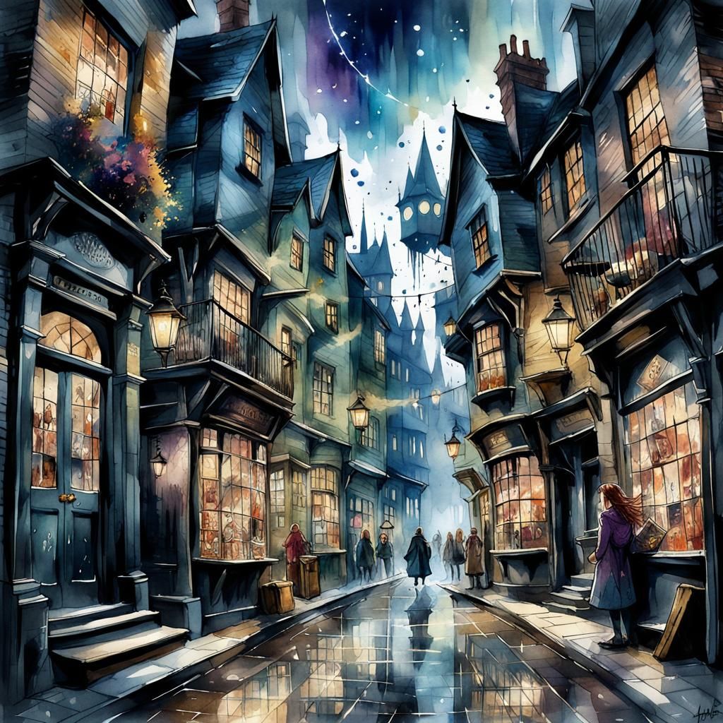 diagon alley from Harry Potter, watercolor, splash art effec...