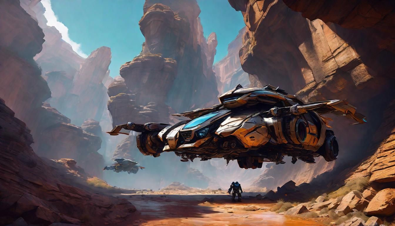 A robot pit crew services a flying racers travel through the...