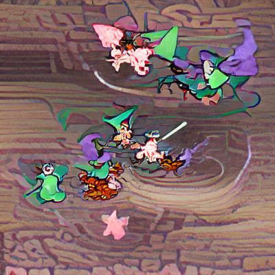 six wingless pixies fighting a witch