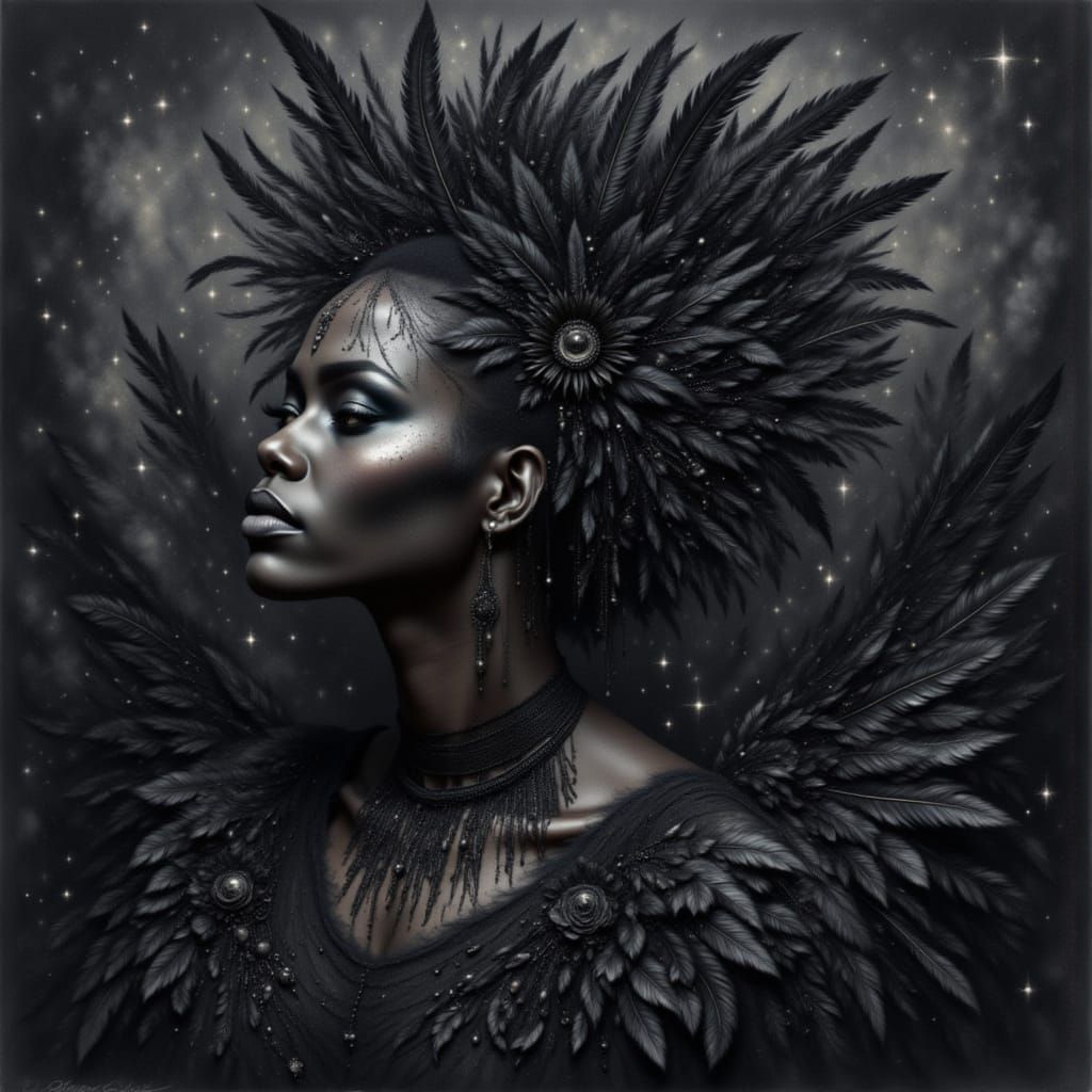 <lora:Bleak Intensity:1.0> African woman, woman with matte natural skin, profile, feather crown, pencil drawing, black feathers, black skin,...