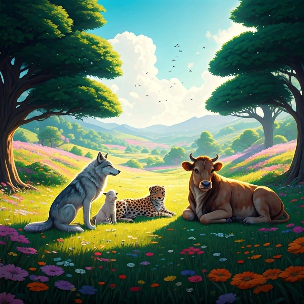 Peaceful Kingdom: Animals Guided by Child in Fantasy Landsca...