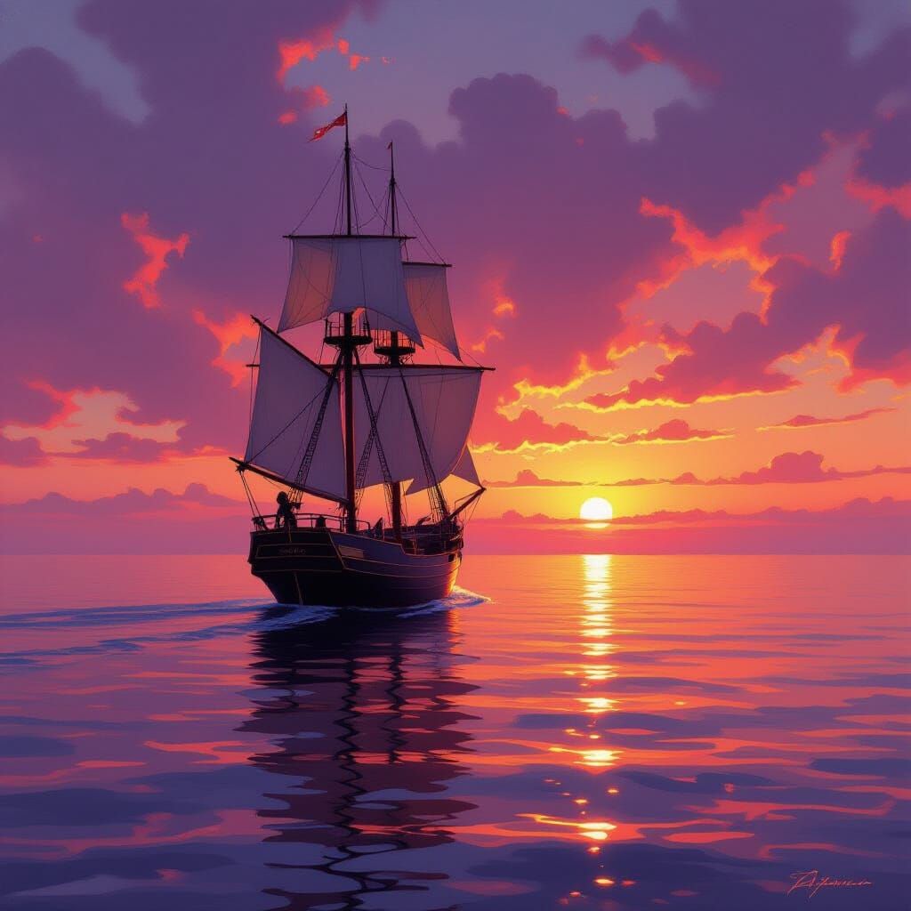 Majestic Ship Sailing at Vibrant Sunset