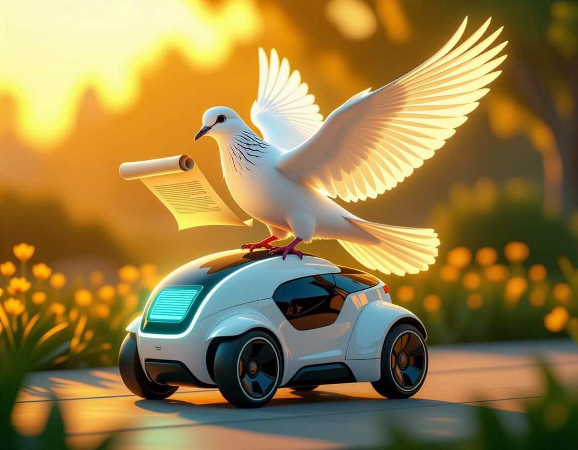 Messenger Dove + Delivery Robot
"A white messenger dove carrying a parchment scroll sits atop a futuristic delivery robot displaying a glowi...