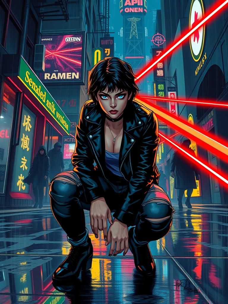 Comic book full page panel art, A dark, rain-soaked alley in a futuristic metropolis, neon signs flickering against a dirty, dystopian backd...