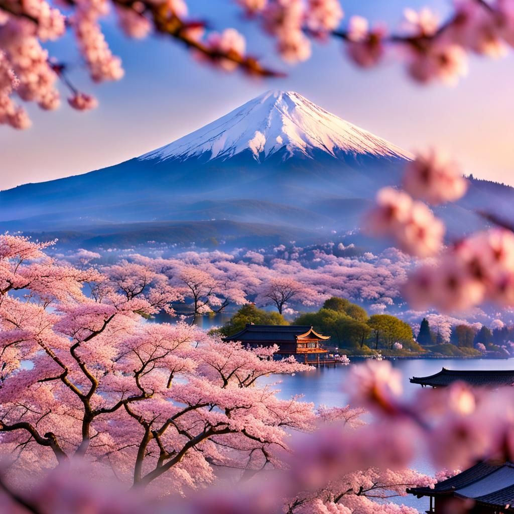 Cherry blossom trees in full bloom with Mount Fuji 