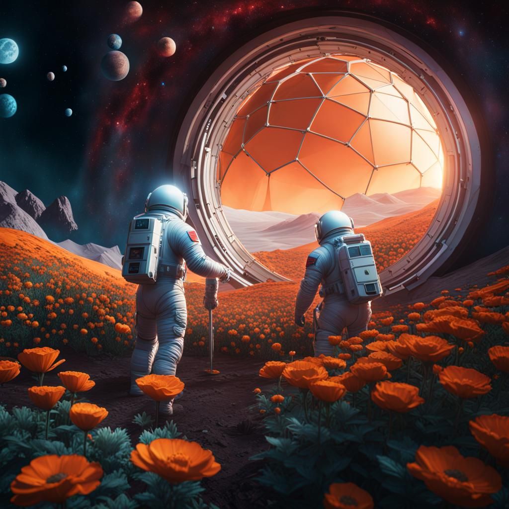 Three men in spacesuits tending to the flowers in a geodesic...