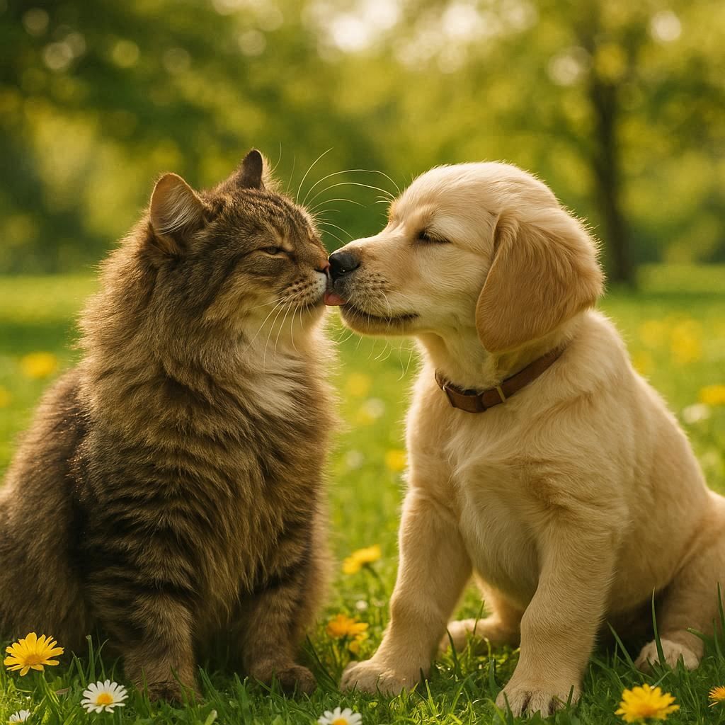 Cat and dog kissing