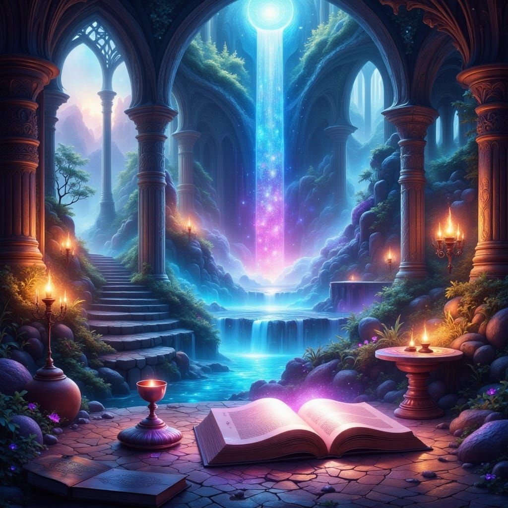 Mystical Glowing Waterfall in Enchanted Cavern