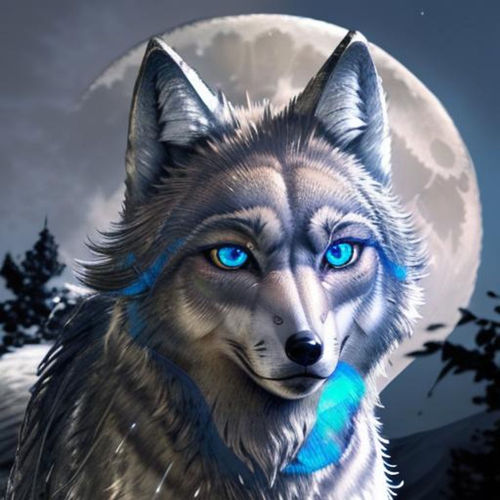 front facing a (silver furred wolf:1.9) perfectly drawn with piercing ...