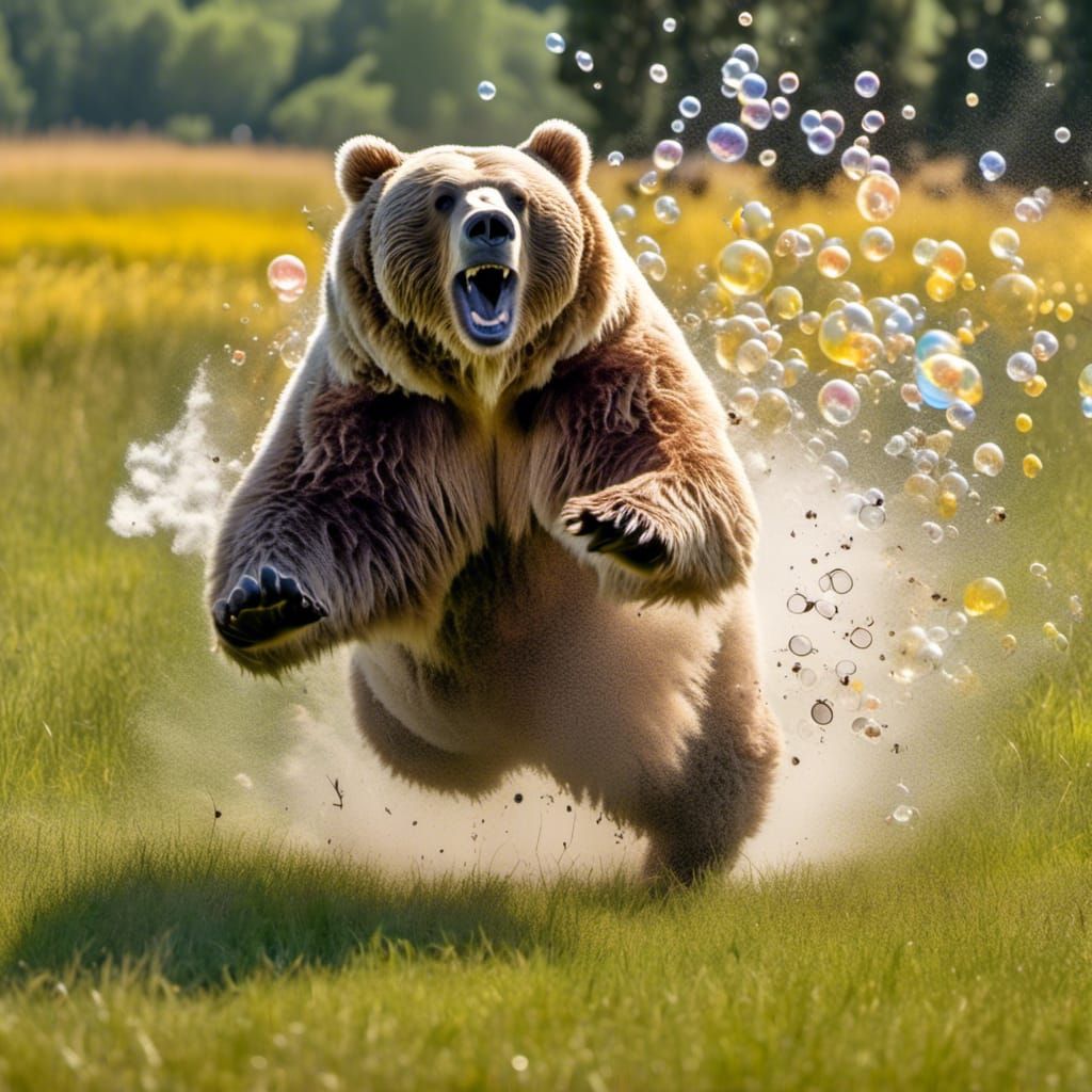 Close-up Optical Projection panoramic microphotograph: Happy Surprised Obese Fluffy Bear Bounding through the grass at high speed, stretchin...