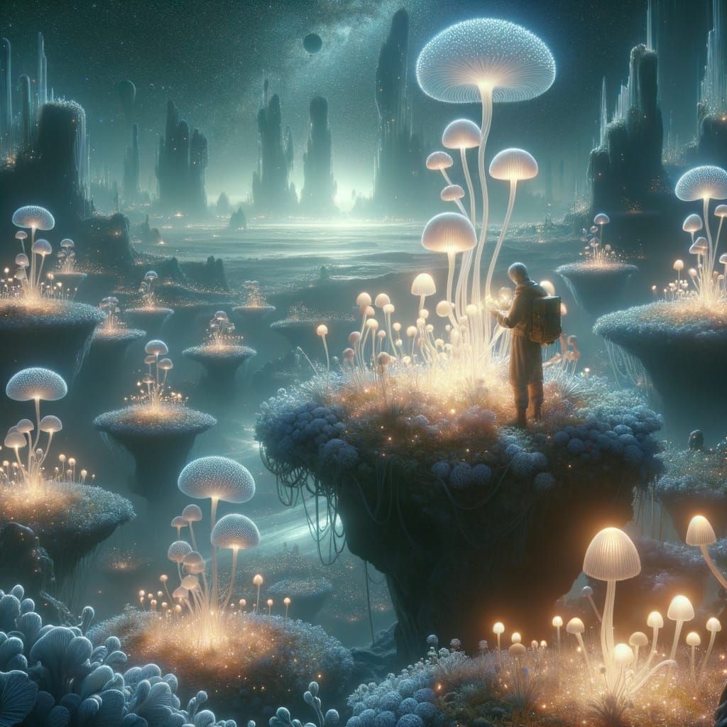 A lone botanist meticulously tending to a garden of bioluminescent cosmic flora on a floating asteroid. The plants emit a soft, ethereal glo...