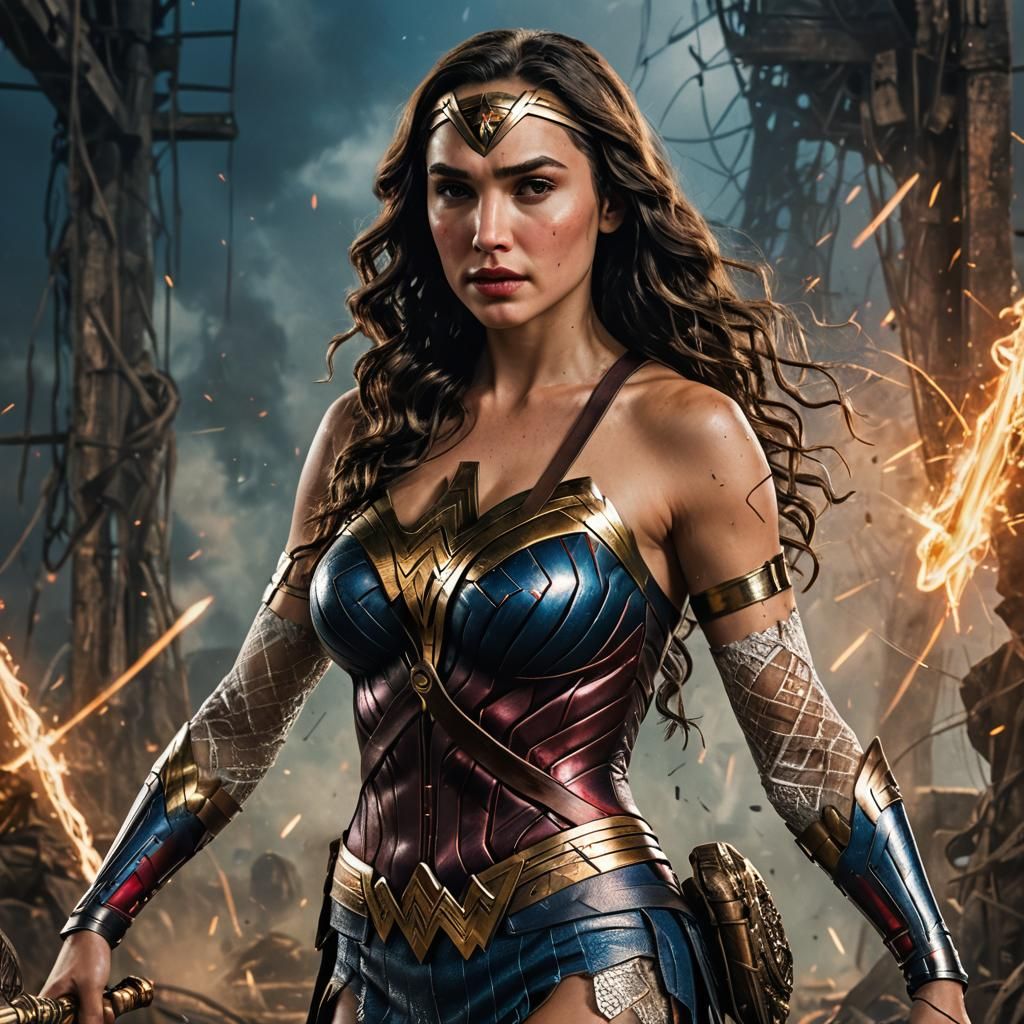 Gal Gadot as Wonder woman: wearing revealing Wonder woman outfit, see  through, lace, fishnet, revealing, uncovered. - AI Generated Artwork -  NightCafe Creator