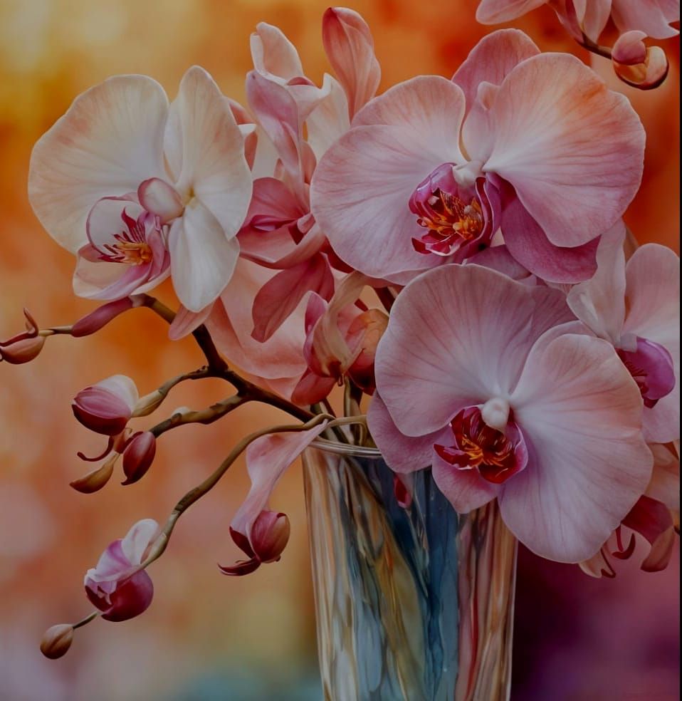 Delicate, swirling patterns on orchid petals. Warm, golden light casting a gentle glow. Pastel colours. ...  by @g r r c