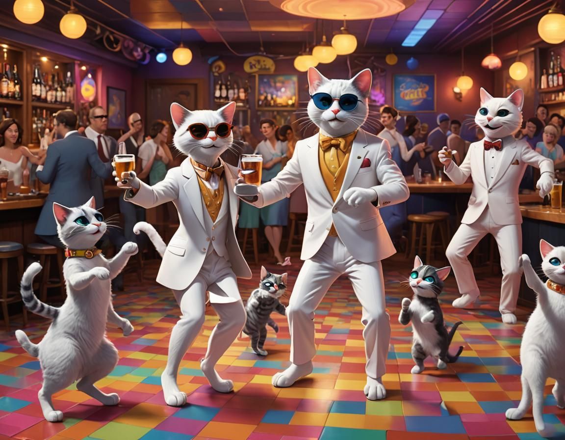 male cats disco dancing wearing white suits and sunglasses with female ...