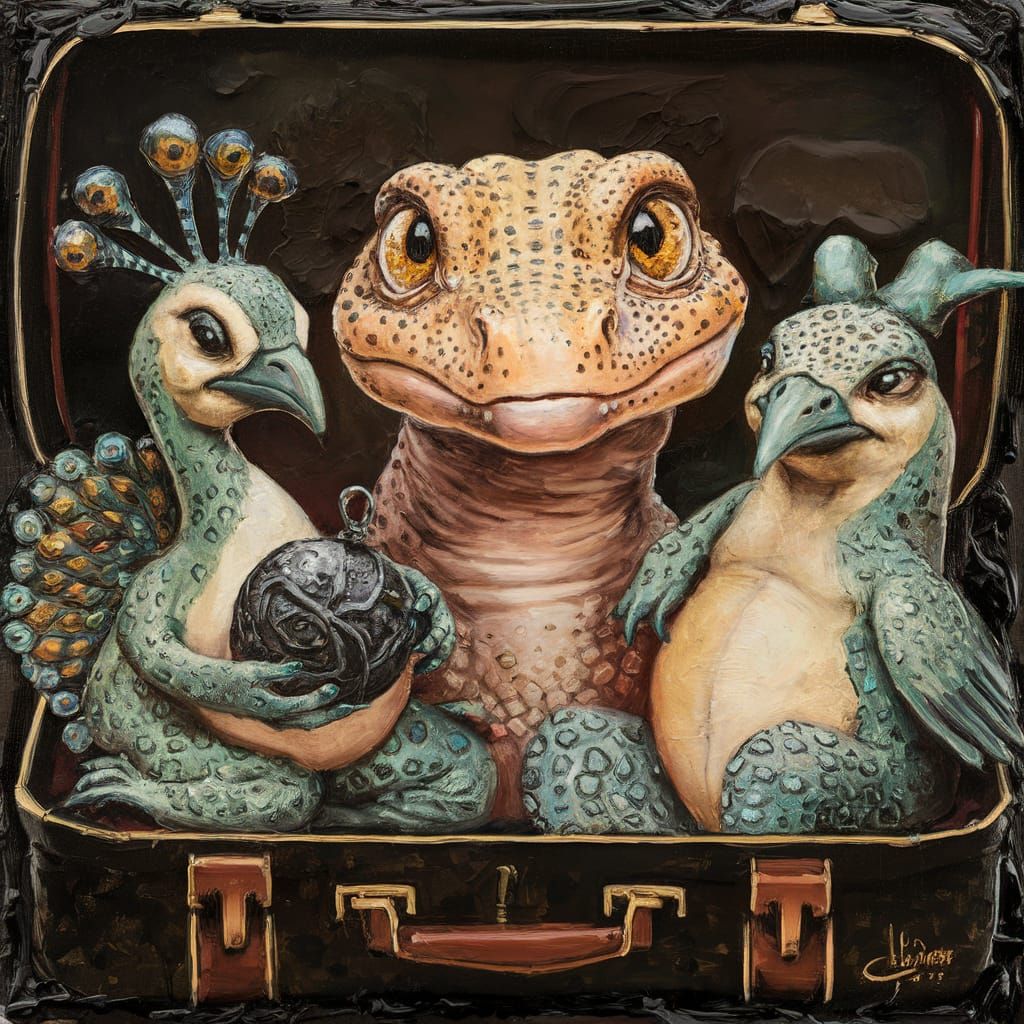 A captivating impasto-style painting featuring three whimsic...