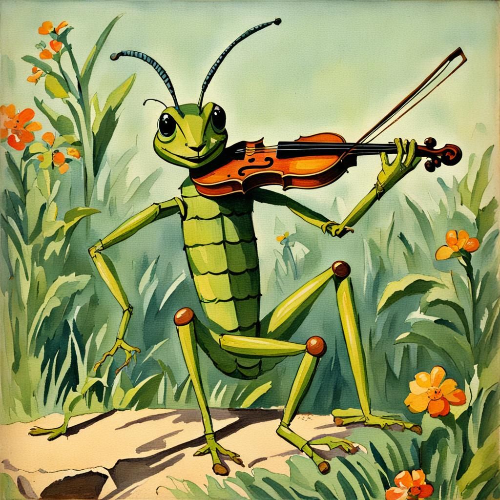 1920s children's book,a grasshopper playing a violin - AI Generated ...