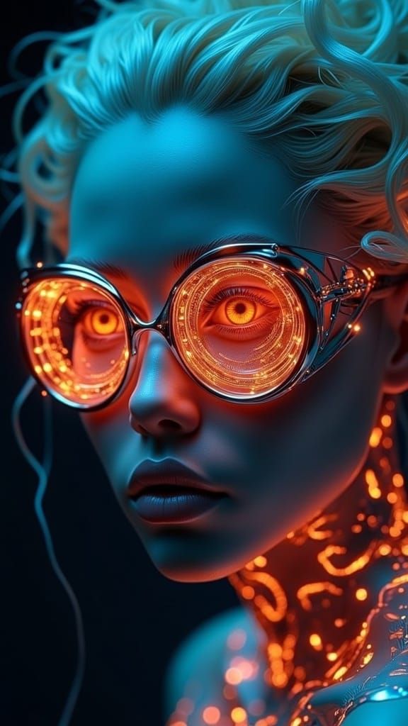 <lora:FantAlenD:1.0> A close-up of a young woman's face predominantly in shades of blue and orange. She wears intricate, glowing eyewear wit...