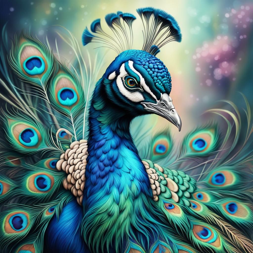 Peacock, portrait Stylized, fantasy Airbrush, chaotic cinematic pastel colours, perfect visual masterpiece ...  by @undefined